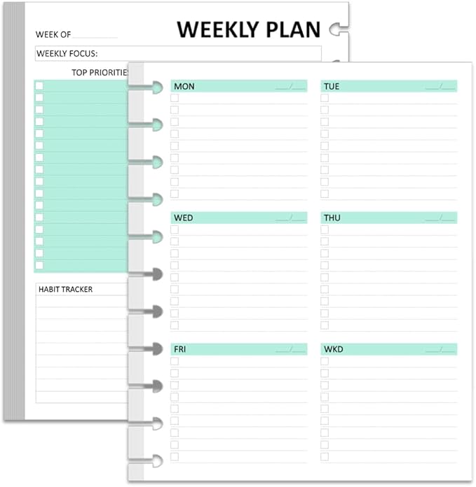 Letter Size Undated Weekly Planner Inserts - 53 Sheets/106 Pages, 11 Discbound, A4 planner Refills, Weekly Plan (Left), Daily Details (Right), Lasts 1 Year, Undated, 8-1/2" x 11"