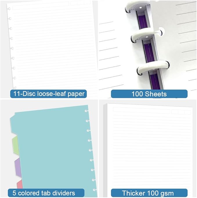 Discbound Letter Size Lined Paper Refill,100 Sheets (200 Pages), 8.5 in x 11 in, 100 GSM, 11 Disc Notebooks,Loose Leaf Planner Refills, 5 Colored Index Dividers,College ruled