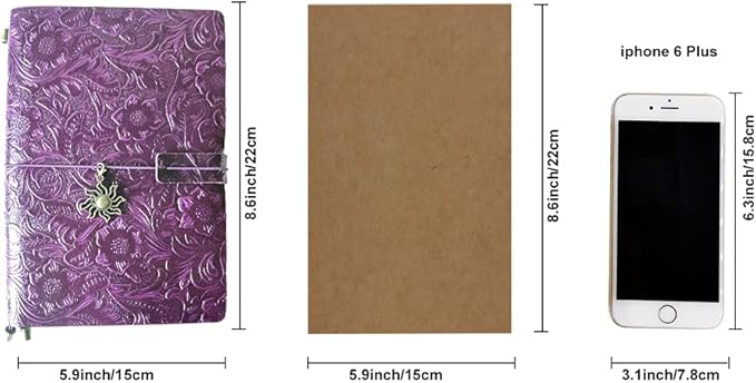Refillable Leather Journal, Handmade Notebook with Bookmark for Men & Women, Vintage Notebook perfect for writing, gifts, travelers (Purple, A5)
