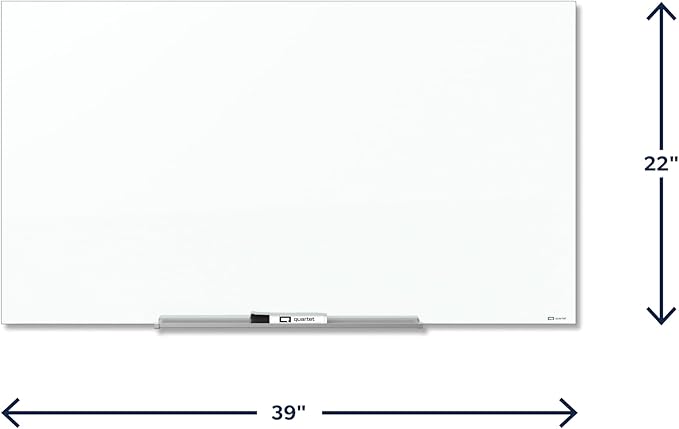 Quartet Dry Erase Board, 39" x 22" Glass Magnetic Whiteboard, Wide Format, Horizontal White Board, InvisaMount, White (G3922IMW)