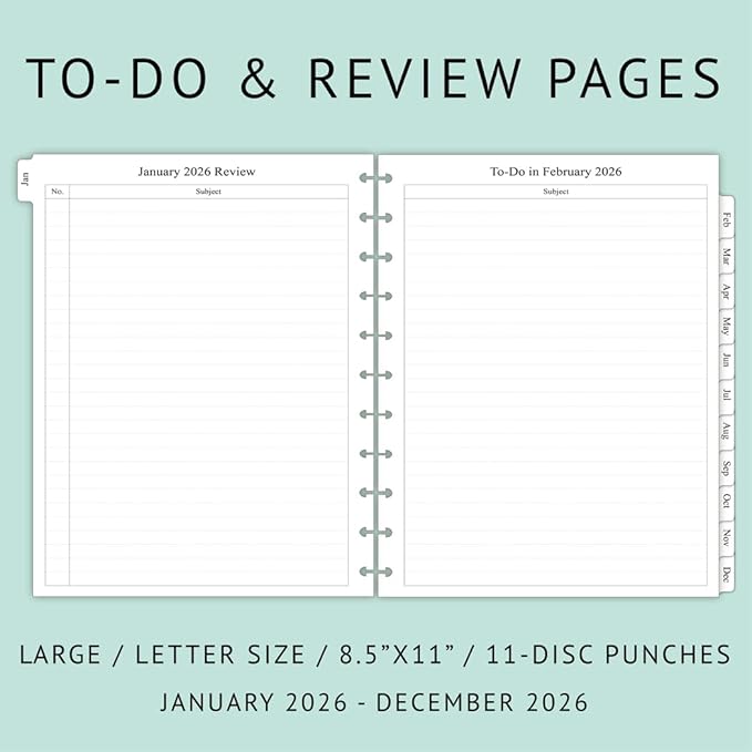 newestor 2026 Monthly Planner Refill for 11-Discbound Notebooks, Two Pages Per Month, Letter Size, 8-1/2" x 11"