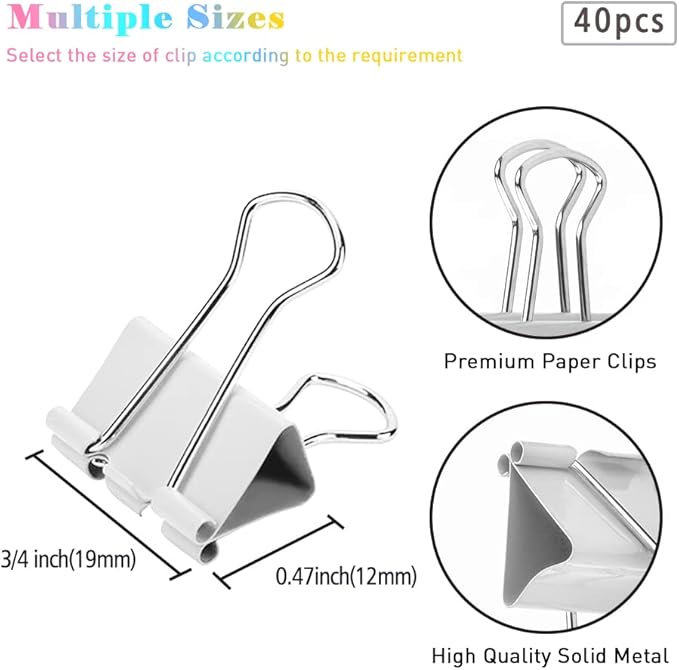 Small Binder Clips, 40 Pack, 3/4 Inch, Standard 19mm, White, Capacity 0.31 Inch, Mini Paper Clips, Fold Clamp, Office and School Supplies