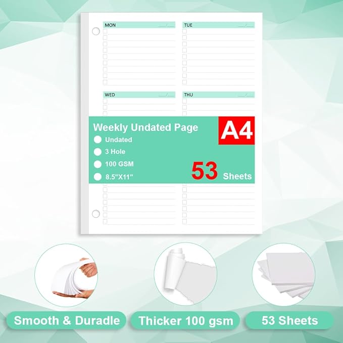Letter Size Undated Weekly Planner Refills,53 Sheets/106 Pages Undated Colorful Weekly Planner,A4 Planner Inserts,3 Holes pouched,Weekly Plan (Left), Daily Details (Right), Lasts 1 Year, 8-1/2" x 11"