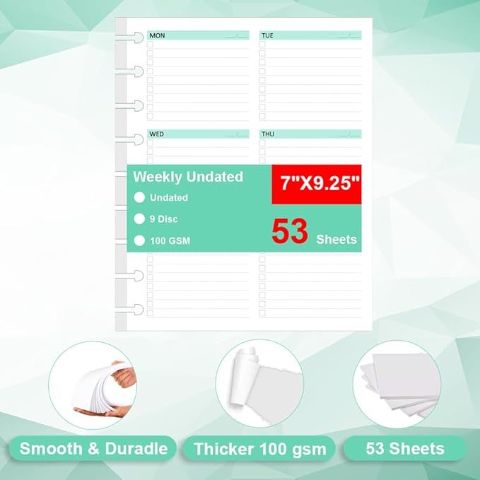 Classic Size Undated Weekly Planner Inserts - 53 Sheets/106 Pages Undated Colorful Weekly Planner, 9 Discbound, TUL Planner Refills,Weekly Plan (Left), Daily Details (Right), Lasts 1 Year, 7" x 9.25"
