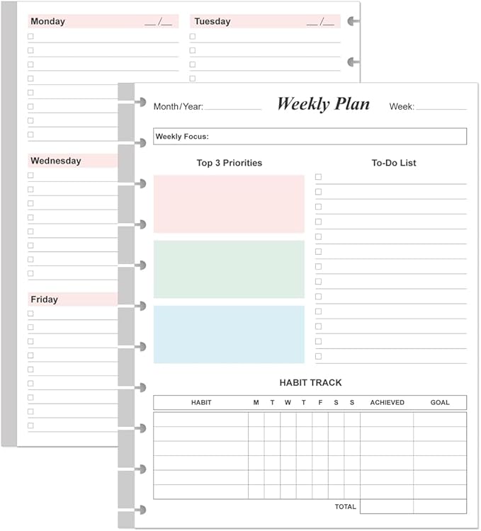 Weekly Planner Undated Refills - Letter Size 53 Sheets/106 Pages Colorful Weekly Planner for 11-Disc Discbound, TUL, 100 gsm White Paper, Lasts 1 Year, Undated, 8.5" x 11"