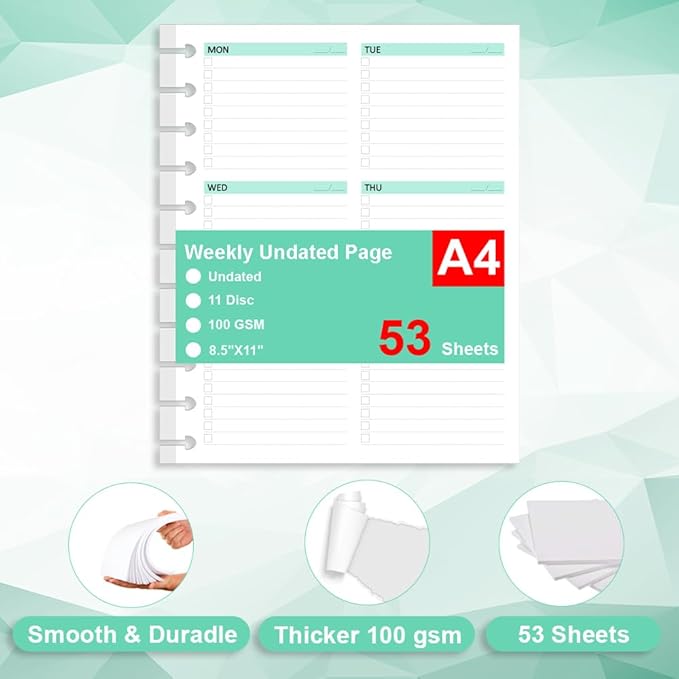 Letter Size Undated Weekly Planner Inserts - 53 Sheets/106 Pages, 11 Discbound, A4 planner Refills, Weekly Plan (Left), Daily Details (Right), Lasts 1 Year, Undated, 8-1/2" x 11"