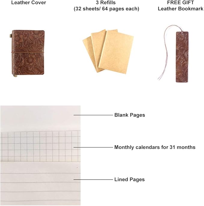 Refillable Leather Journal, Handmade Coffee Leather Notebook with Bookmark for Men & Women, Vintage Notepad Sketchbook Perfect for Writing, Gifts, Travelers (Coffee, Passport)