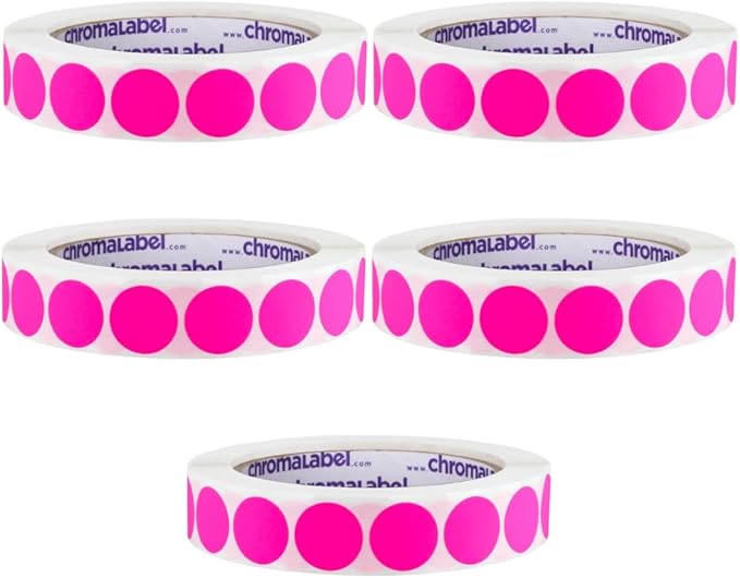 ChromaLabel 3/4 Inch Circle Sticker Labels, High Visibility Color Coding Labels, Removable Stickers - 1000 Colored Sticker Dots per Roll, Fluorescent Pink Stickers - Case of 5