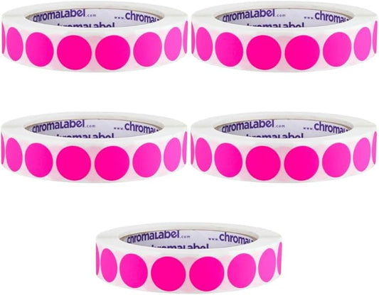 ChromaLabel 3/4 Inch Circle Sticker Labels, High Visibility Color Coding Labels, Removable Stickers - 1000 Colored Sticker Dots per Roll, Fluorescent Pink Stickers - Case of 5