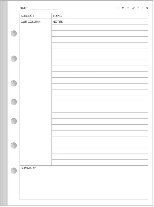 Cornell Notes Filler Paper for 3/7 Mini Binders - 50 Sheets/100 Pages Note Taking Loose Leaf Paper, 100 gsm, 5.8" x 8.3"