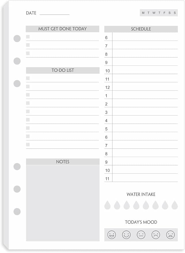 A5 To Do List Refill Paper 100 Sheets, Undated Daily Schedule, Day Priorities, Notes and Water Tracker, 6-Hole Punches, 5.82"x8.26"
