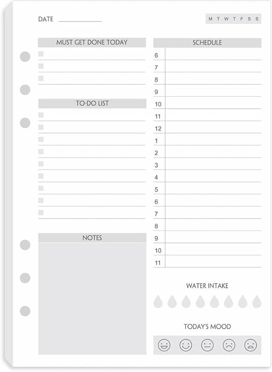 A5 To Do List Refill Paper 100 Sheets, Undated Daily Schedule, Day Priorities, Notes and Water Tracker, 6-Hole Punches, 5.82"x8.26"
