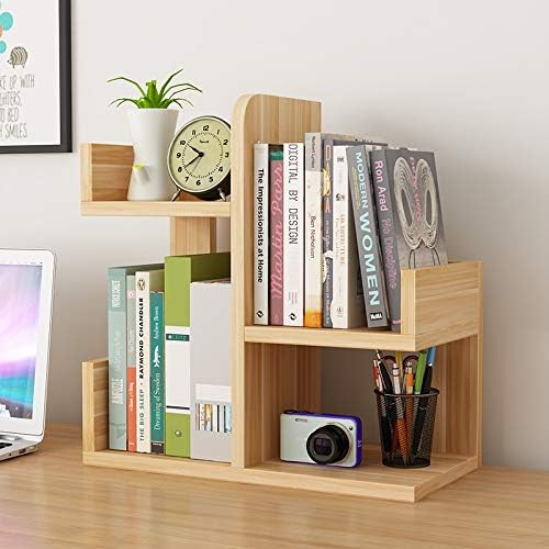 Wood Desktop Shelf Small Bookshelf Assembled Countertop Bookcase Literature Holder Accessories Display Rack Office Supplies Desk Organizer (Walnut Color)