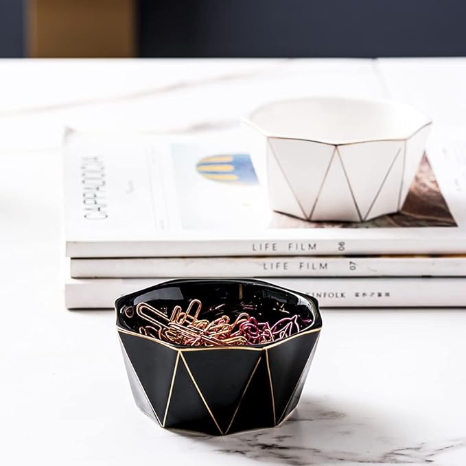 Paper Clip Holder With Gold Line Geometric Ceramic Paper Clip Dispenser for Desk Cute Paper Clip Organizer Office Binder Clip Holder (Black)