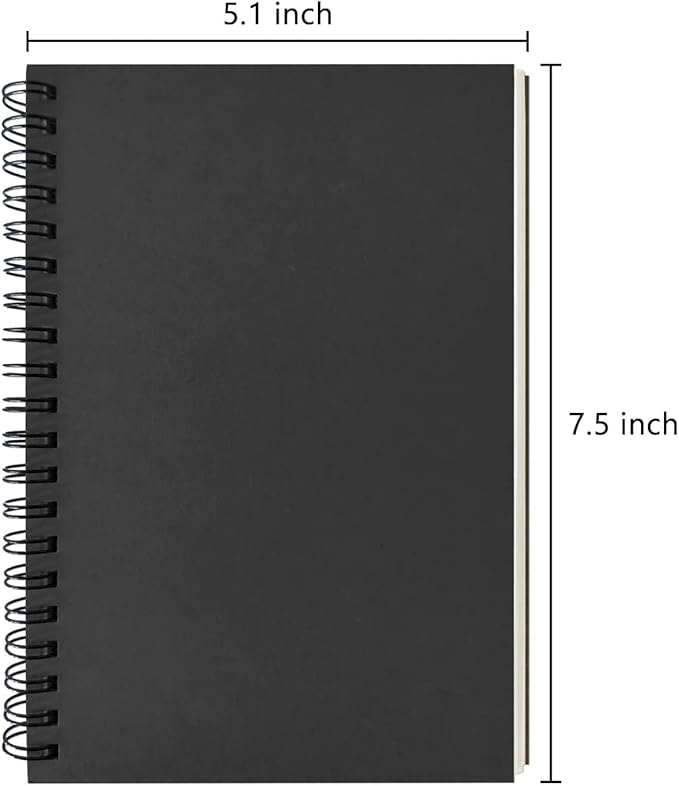 DSTELIN Blank Spiral Notebook, 6-Pack, Soft Cover, Sketch book, 100 Pages / 50 Sheets, 7.5 inch x 5.1 inch, 100GSM, (Black)