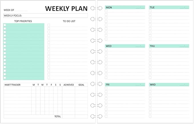 Letter Size Undated Weekly Planner Inserts - 53 Sheets/106 Pages, 11 Discbound, A4 planner Refills, Weekly Plan (Left), Daily Details (Right), Lasts 1 Year, Undated, 8-1/2" x 11"