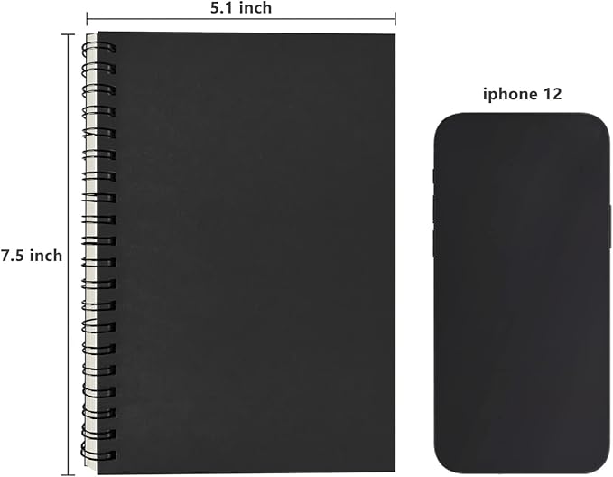 DSTELIN Blank Spiral Notebook, 6-Pack, Soft Cover, Sketch book, 100 Pages / 50 Sheets, 7.5 inch x 5.1 inch, 100GSM, (Black)