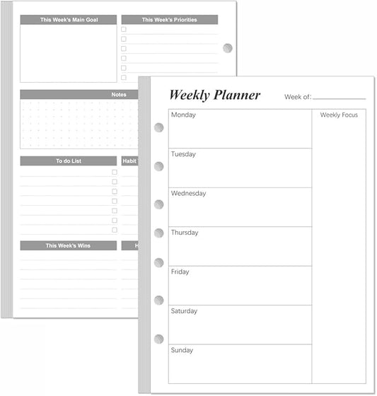 Weekly Planner Refills for 3 or 7 Ring Mini Binders - 53 Sheets/106 Pages Undated Weekly Planner, 100 gsm White Paper, Lasts 1 Year, Undated, 5.8" x 8.3", Black