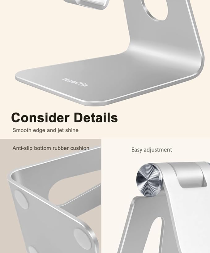 Cell Phone Stand for Desk- Adjustable Phone Stand Holder, Cradle, Dock, Desktop Stand for iPhone 17 16, 15, 14, Plus, Pro, Pro Max, 13 12 X XS,4-8" Phones, Office Accessories (Silver)