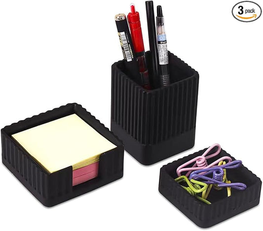 Aesthetic Concrete Desk Organizer Set of 3 - Stylish & Durable Office Accessories - Includes Pen Holder, Paperclip Storage, and Sticky Note Holder for a Clean, Modern Workspace (Black)