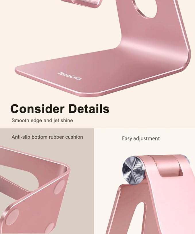Cell Phone Stand for Desk- Adjustable Phone Stand Holder, Cradle, Dock, Desktop Stand for iPhone 17 16, 15, 14, Plus, Pro, Pro Max, 13 12 X XS,4-8" Phones, Office Accessories (Rose Gold)