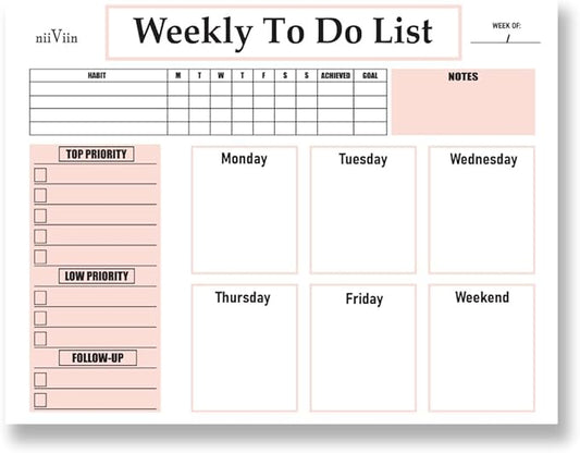 Undated Weekly Planner Notepad - Calendar with Habit Tracker, ADHD Planner for Adults, Weekly To Do List Notepad, 50 Tear-Off 8.5" x 11" Sheets, Extra Thick Backing
