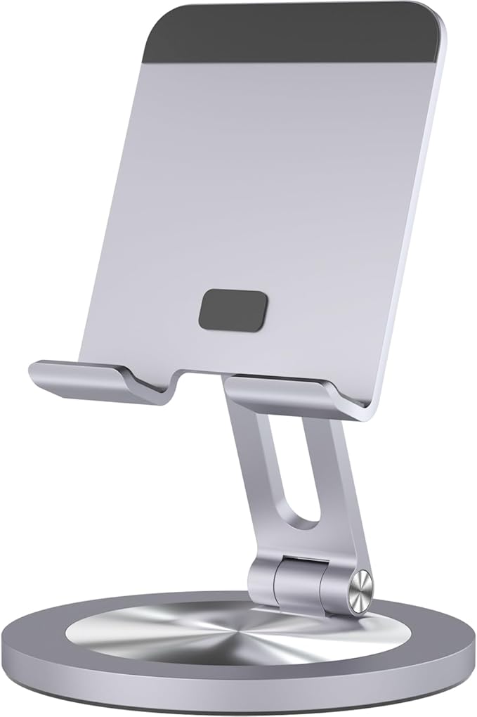 360 Rotating Phone Holder for Desk, Dual-Adjustable Foldable Heavy-Duty Bases Aluminum Phone Stand Compatible with iPhone 17 16 15 14 13 12 11 Series, Galaxy, 4-8" All Phones (Grey)