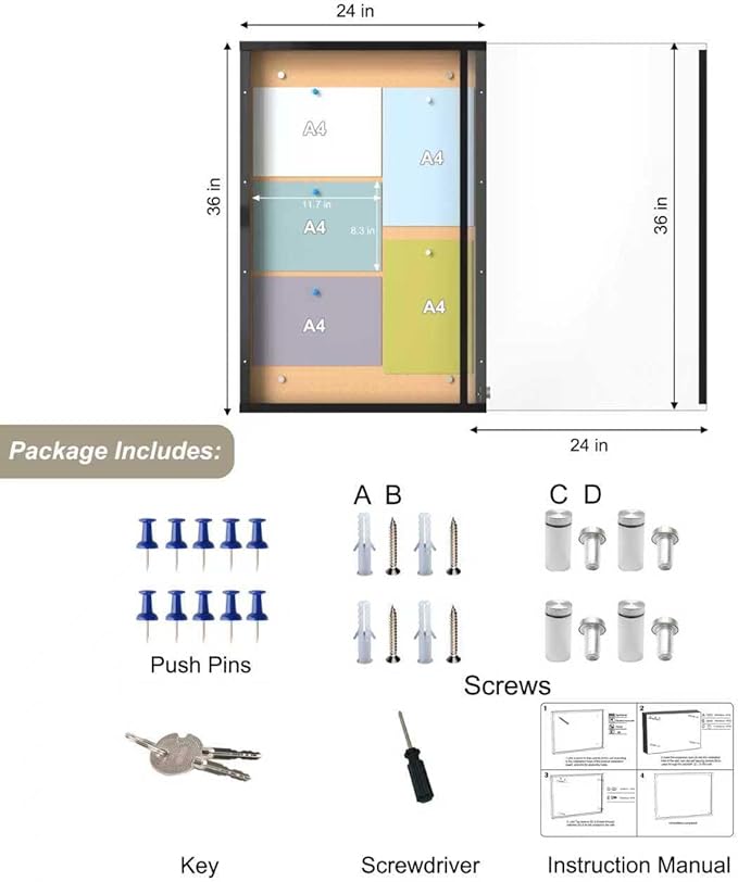 24"X36" Enclosed Bulletin Board, IP65 Waterproof Cork Notice Board Outdoor UV-Resistant, Lockable Bulletin Board for Office, School, Restaurants