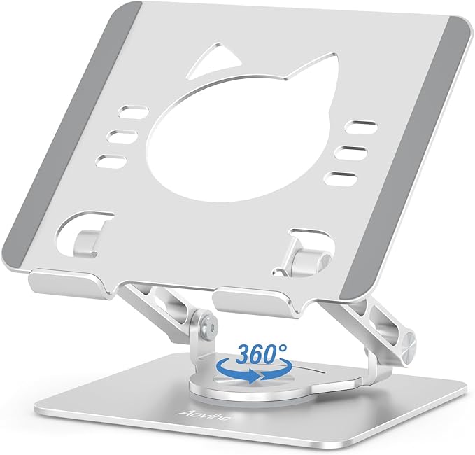 Tablet Stand 360° Rotating Aluminum Holder, Adjustable, Portable and Foldable Monitors Stand for iPads, Compatible with 4-12.9" Tablets, Silver