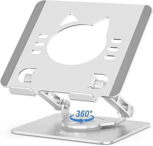Tablet Stand 360° Rotating Aluminum Holder, Adjustable, Portable and Foldable Monitors Stand for iPads, Compatible with 4-12.9" Tablets, Silver