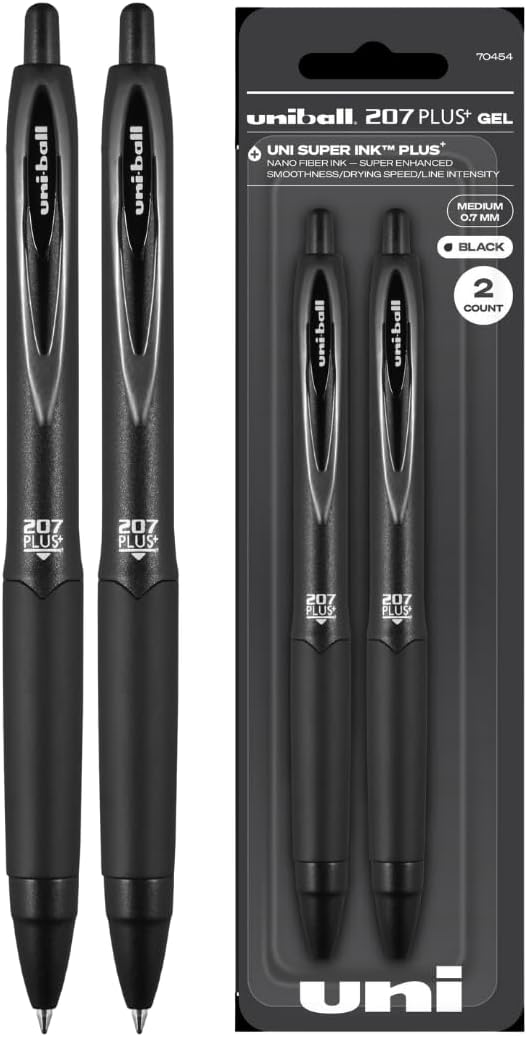 Uniball 207+ Black Retractable Gel Pens 2 Pack with Medium 0.7mm Points, Fraud Proof Office Pens for Business, School, and Bible Use