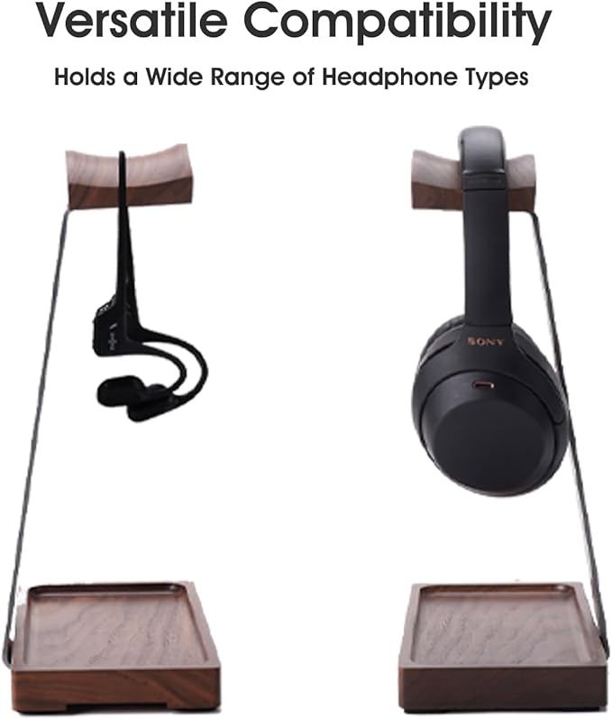 Walnut Headphone Stand, Wooden Headset Stand for Desk, Wood Gaming Headphone Holder with Storage Base for Airpod max, Bose, Razer, Sennheiser, Jabra, JBL, AKG, Vintage Gift for Men
