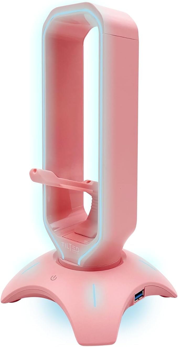 Tilted Nation Cute Headphone Stand Pink | Headset Stand with RGB, Mouse Bungee Holder, and 2 Port USB Hub Charger - Desk Gaming Accessories