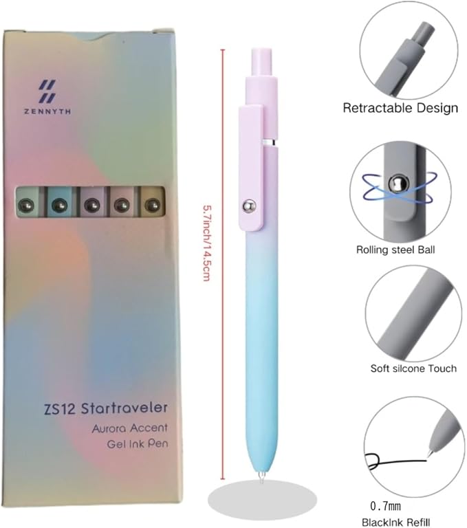 5-Pack Gradient Gel Pens, 0.7mm Black Ink Fine Point Smooth Writing Pens, Smooth Writing Retractable Pens with Soft Pastel Design, Perfect for Journaling, Note-Taking, Office, and School Supplies