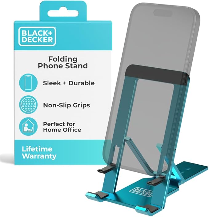 BLACK+DECKER Phone Stand for Desk - Folding Cell Phone Stand Holder - Adjustable and Portable, Folds Down Flat - for Office, Gaming, Bed, Travel - Phone Kickstand Compatible with iPhone (Loch Ness)