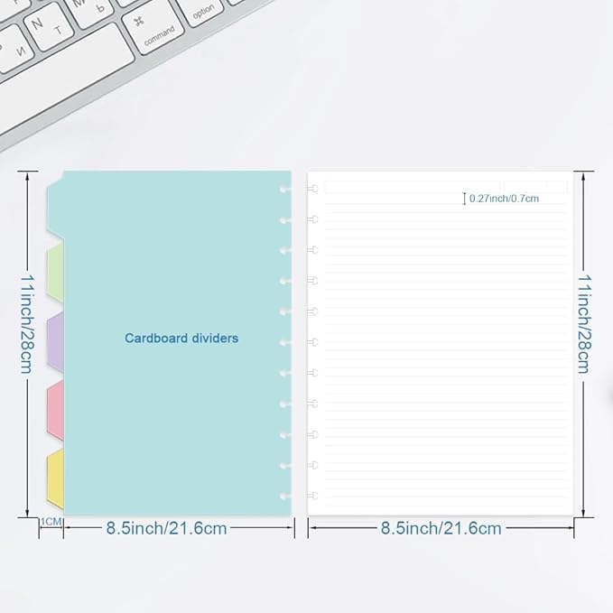 Discbound Letter Size Lined Paper Refill,100 Sheets (200 Pages), 8.5 in x 11 in, 100 GSM, 11 Disc Notebooks,Loose Leaf Planner Refills, 5 Colored Index Dividers,College ruled