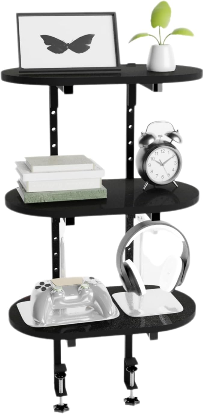 Aetheris Clamp On Desk Shelf, 3-Tier Adjustable Desk Storage Shelf, Wood Desktop Bookshelf, Desk Shelves Organizer for Offices, Study Rooms, and Game Rooms, Black
