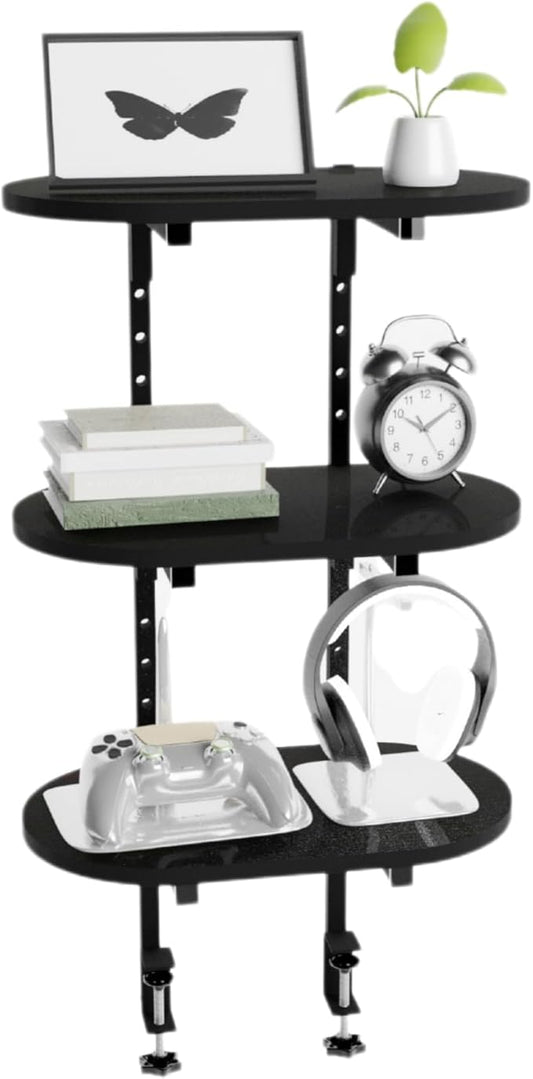 Aetheris Clamp On Desk Shelf, 3-Tier Adjustable Desk Storage Shelf, Wood Desktop Bookshelf, Desk Shelves Organizer for Offices, Study Rooms, and Game Rooms, Black