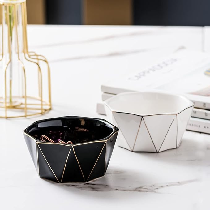 Paper Clip Holder With Gold Line Geometric Ceramic Paper Clip Dispenser for Desk Cute Paper Clip Organizer Office Binder Clip Holder (Black)