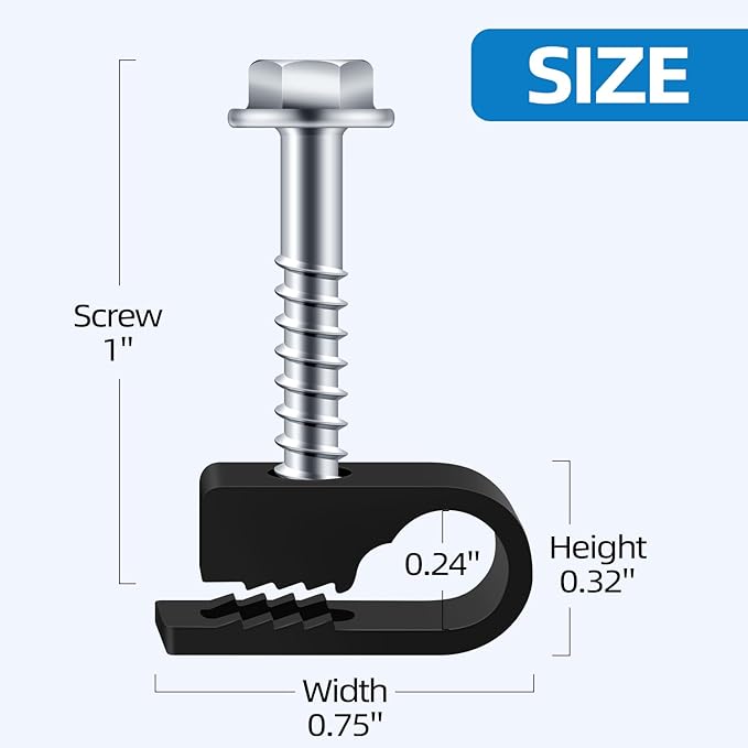 Black Cable Clips with Inserted Screws, Flexible Single Cable Screw Clips, Electrical Wire Fastener, 100 PCS