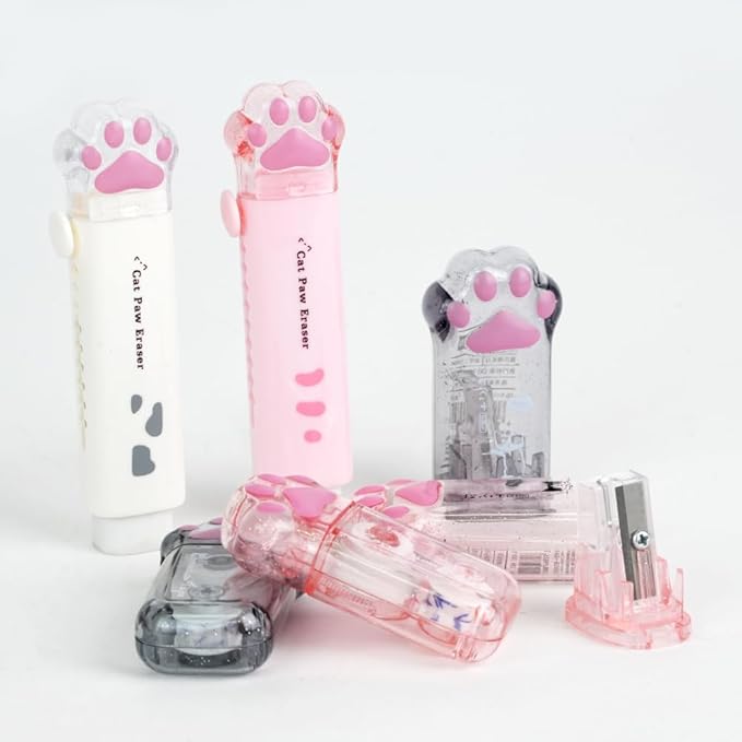 6 Pcs Cat Paw Stationery Set, Kawaii School Supplies, Including 2 Cute Pencil Sharpeners, 2 Retractable Eraser and 2 Correction Tape for Kids Office School Home (6Pcs)