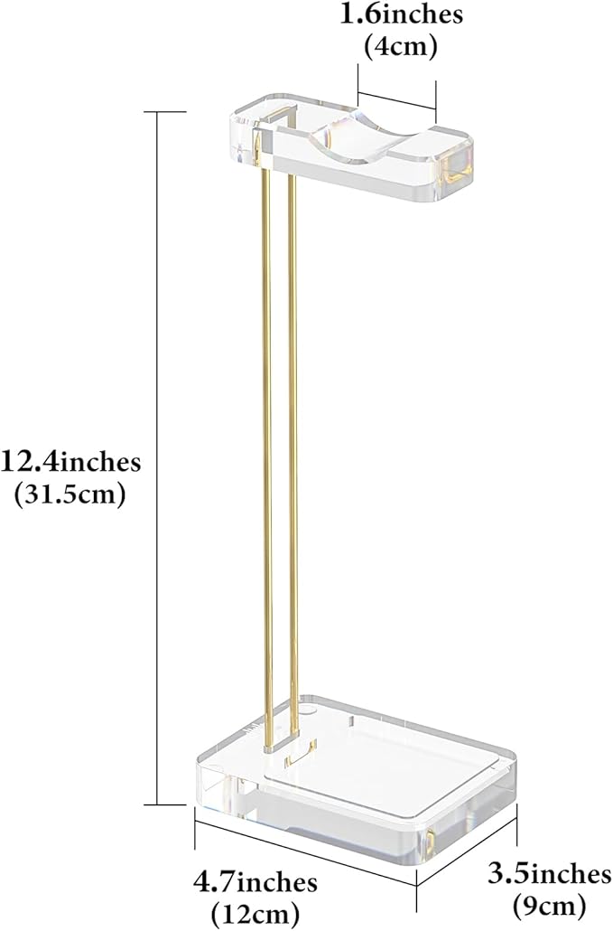 GEEKRIA Acrylic Headphones Stand, Headset Holder for Office Accessories, Clear Acrylic with Gold-Tone Hardware, Gaming Headset Stand, Universal Headphone Holder for Desktop Display (Clear)