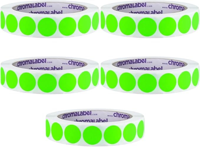 ChromaLabel 3/4 Inch Round Colored Stickers, High Visibility Removable Color Coding Labels, Easy to Write On Dot Stickers - 1000 Colored Sticker Dots per Roll, Fluorescent Green - Case of 5