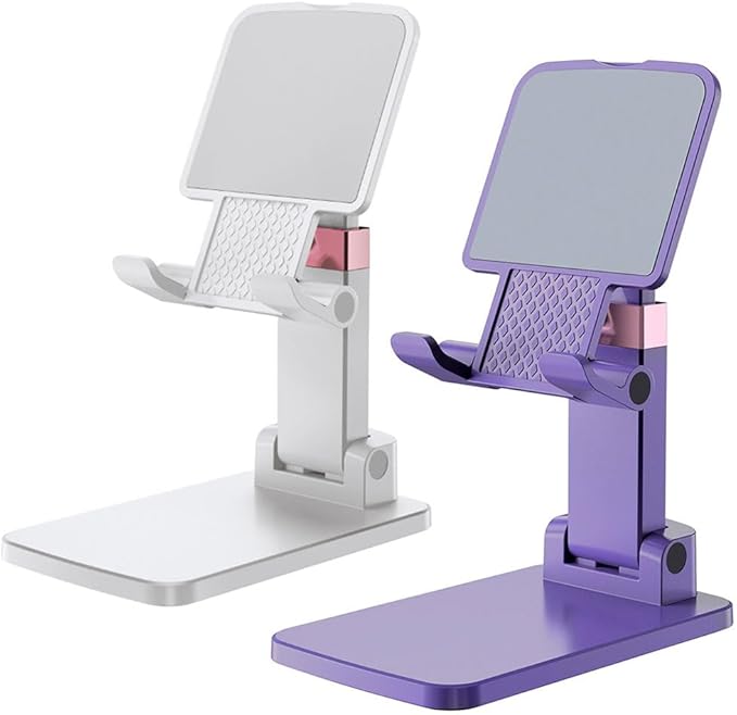 Phone Holder for Desk Cell Phone Holder Height Angle Adjustable Stands, Anti-Slip Base, Compact Design for iPhone Android Devices,White&Purple,2Pack
