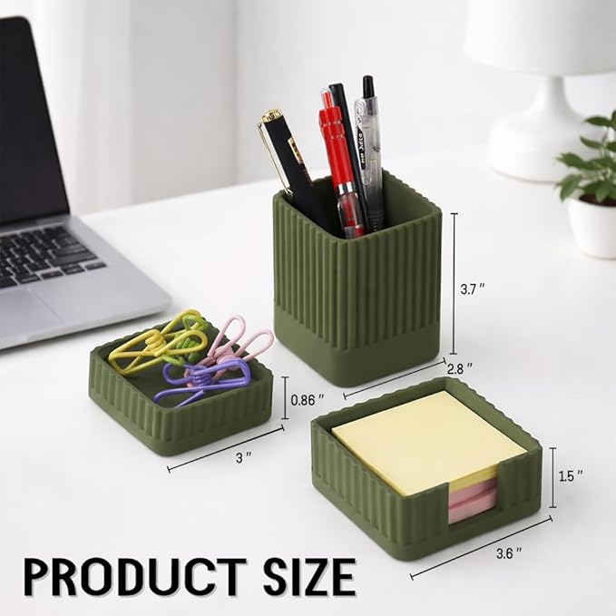 Aesthetic Concrete Desk Organizer Set of 3 - Stylish & Durable Office Accessories - Includes Pen Holder, Paperclip Storage, and Sticky Note Holder for a Clean, Modern Workspace (Green)