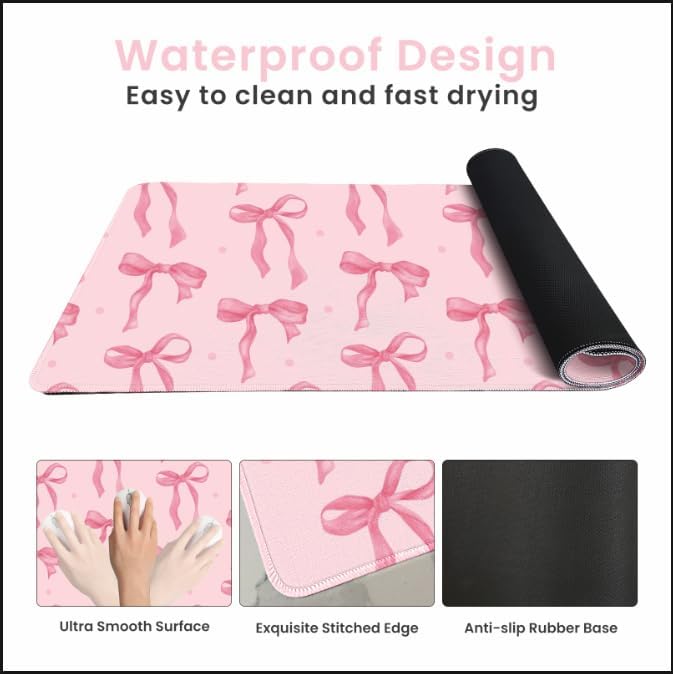 Pink Desk Mat, Pink Bow Keyboard and Mouse Pad Computer Mat, Non-Slip Rubber Base Extra Large Gaming Mouse Pad for Laptop, Cute Office Essentials School Supplies Desktop Decor for Girls 31.5 x 11.8in