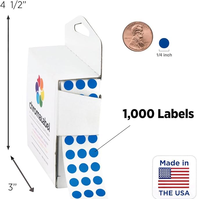 ChromaLabel 1/4 Inch Round Colored Stickers, Sticky Dots for Color Coding, Small Dark Blue Dot Stickers - 1000 Sticker Labels per Dispenser Box, Dark Blue - Case of 5
