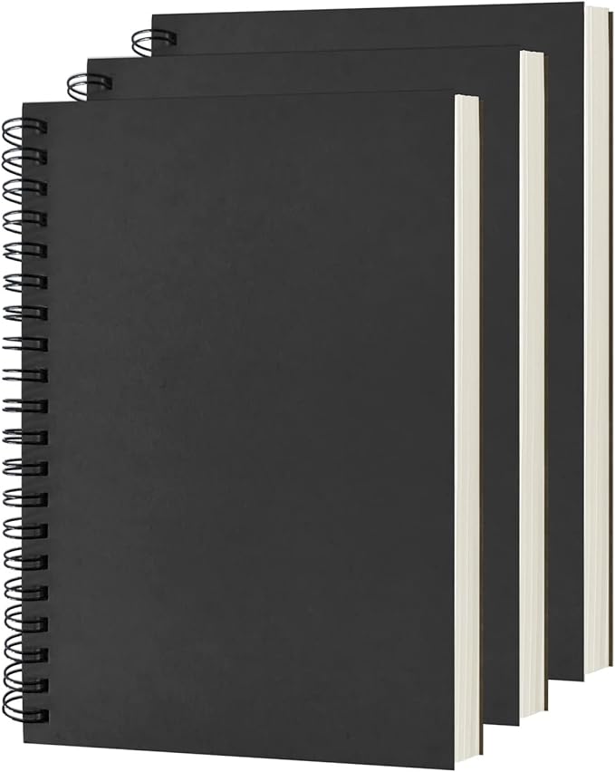 DSTELIN Blank Spiral Notebook, 3-Pack, Soft Cover, Sketch book, 100 Pages / 50 Sheets, 7.5 inch x 5.1 inch, 100GSM, (Black)