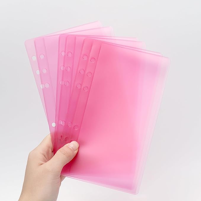 12pcs Pink A6 Binder Pockets Zipless Cash Envelopes Budget Binder Inserts PVC Sheet Protector for 6 Ring A6 Binders Organizer Accessories (Pink)