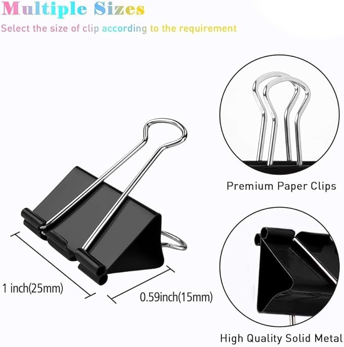 Medium Binder Clips, 144 Pack, 1 Inch, Black, Standard 25mm, Capacity 0.47 Inch, Small Metal Paper Clips, Fold Clamp, Office and School Supplies